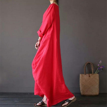 Women's Crew Neck Long Sleeves Solid Loose Long Maxi Dress Linen Caftan