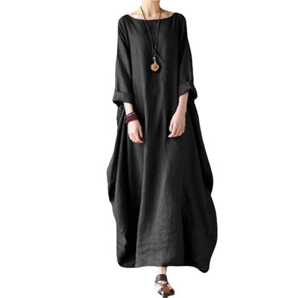 Women's Crew Neck Long Sleeves Solid Loose Long Maxi Dress Linen Caftan