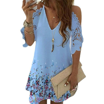 Womens Casual Summer Cold Shoulder Dress V Neck A-Line Mini Dresses