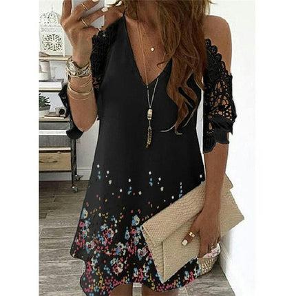 Womens Casual Summer Cold Shoulder Dress V Neck A-Line Mini Dresses