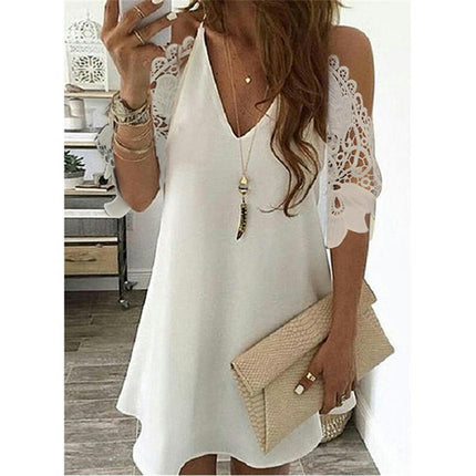 Womens Casual Summer Cold Shoulder Dress V Neck A-Line Mini Dresses