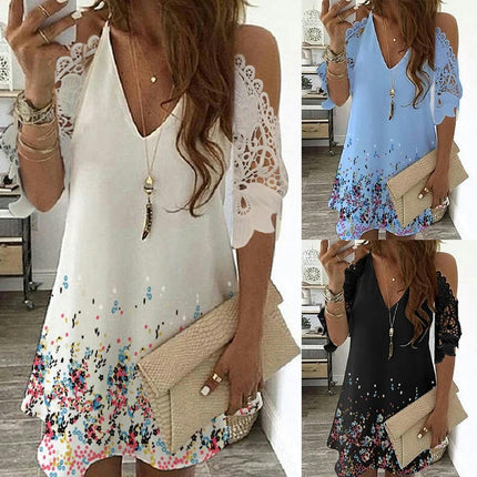 Womens Casual Summer Cold Shoulder Dress V Neck A-Line Mini Dresses