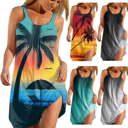 Womens Print Casual Beach Sundresses V Neck Spaghetti Strap Sleeveless Loose Mini Dresses