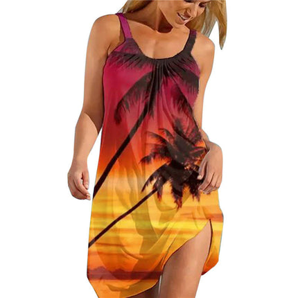 Womens Print Casual Beach Sundresses V Neck Spaghetti Strap Sleeveless Loose Mini Dresses