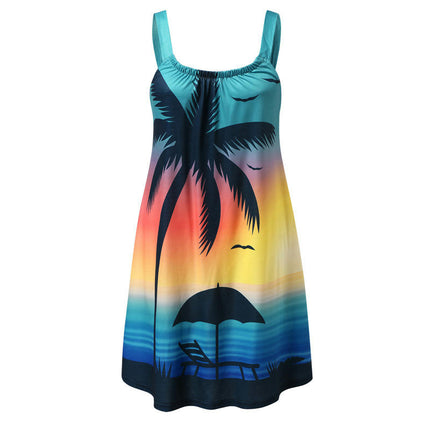 Womens Print Casual Beach Sundresses V Neck Spaghetti Strap Sleeveless Loose Mini Dresses