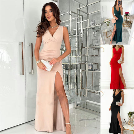 Women's Sleeveless Bodycon Maxi Dress V Neck Ruched Side Slit Long Dress