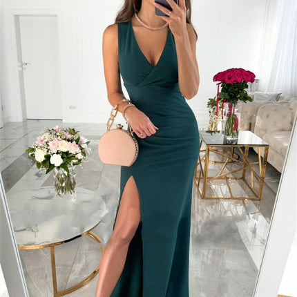 Women's Sleeveless Bodycon Maxi Dress V Neck Ruched Side Slit Long Dress