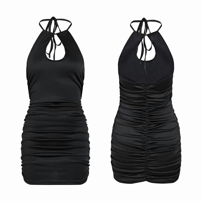 Women's Summer Mini Dress Sleeveless Halter Neck Backless Ruched Bodycon Dresses