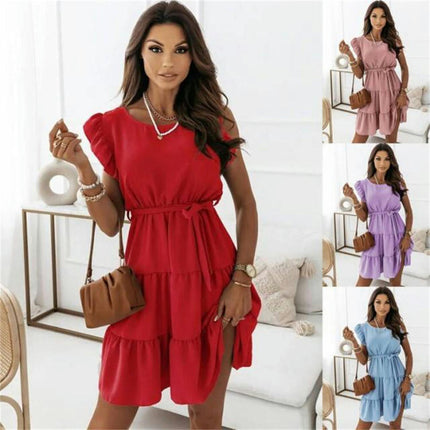 Womens Summer Crew Neck Ruffle Cap Sleeve Mini Dress Tiered A Line Flowy Sundress