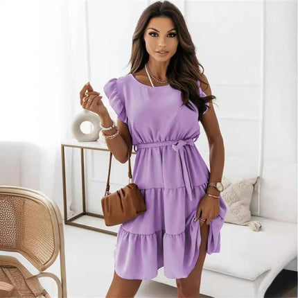 Womens Summer Crew Neck Ruffle Cap Sleeve Mini Dress Tiered A Line Flowy Sundress