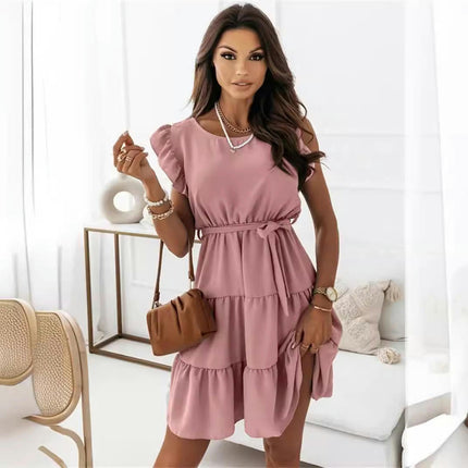 Womens Summer Crew Neck Ruffle Cap Sleeve Mini Dress Tiered A Line Flowy Sundress