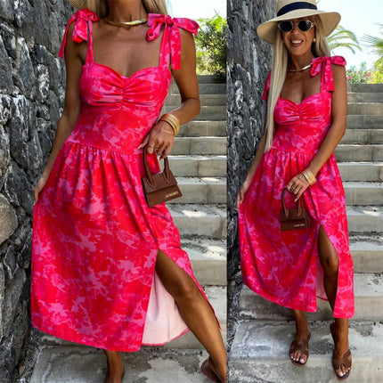 Women's Midi Dress Tie Straps Sleeveless Slit A Line Flowy Beach Summer Dress