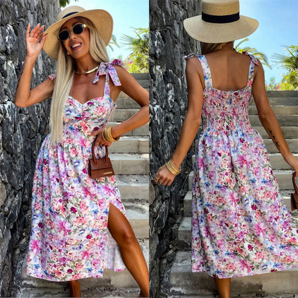 Women's Midi Dress Tie Straps Sleeveless Slit A Line Flowy Beach Summer Dress