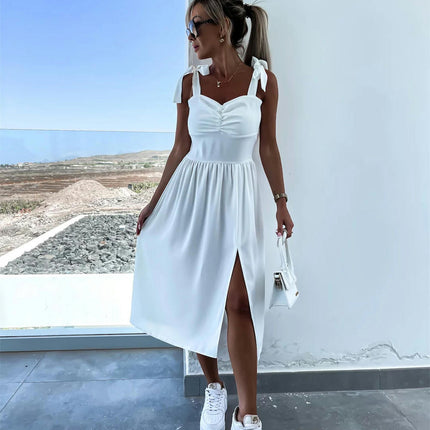 Women's Midi Dress Tie Straps Sleeveless Slit A Line Flowy Beach Summer Dress