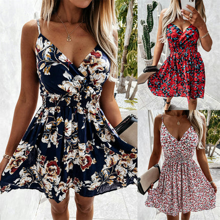 Women's Dress Sexy V-Neck Spaghetti Strap Smocked Waist Sleeveless A Line Mini Dress