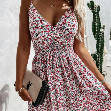 Women's Dress Sexy V-Neck Spaghetti Strap Smocked Waist Sleeveless A Line Mini Dress