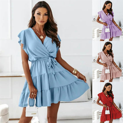 Womens Summer Dresses V Neck Ruffle Cap Sleeve Tie Waist Tiered A Line Mini Dress