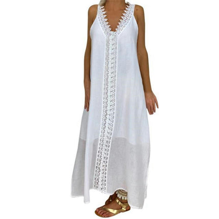 Women's Summer Maxi Dress Sleeveless Lace V Neck Boho Casual Loose Split Flowy Dress