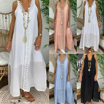 Women's Summer Maxi Dress Sleeveless Lace V Neck Boho Casual Loose Split Flowy Dress