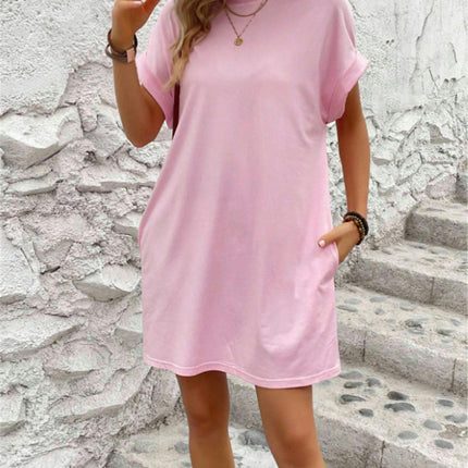 Womens Short Sleeve Summer T Shirt Dress Crew Neck Loose Mini Dresses with Pocket