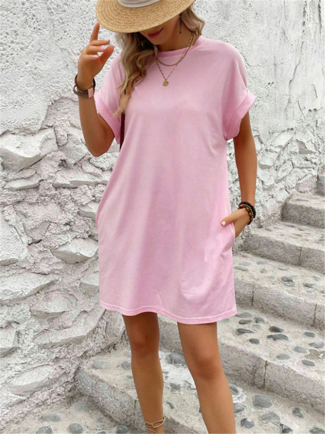 Womens Short Sleeve Summer T Shirt Dress Crew Neck Loose Mini Dresses with Pocket