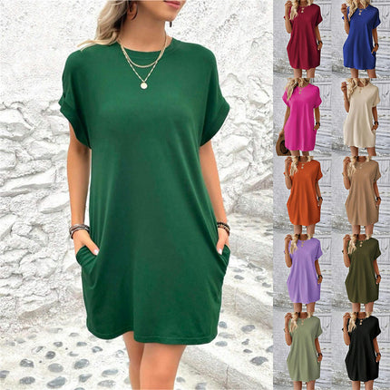 Womens Short Sleeve Summer T Shirt Dress Crew Neck Loose Mini Dresses with Pocket