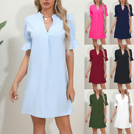 Shift Dress for Women V Neck Short Sleeves Solid Color Casual Flowy Summer Dresses