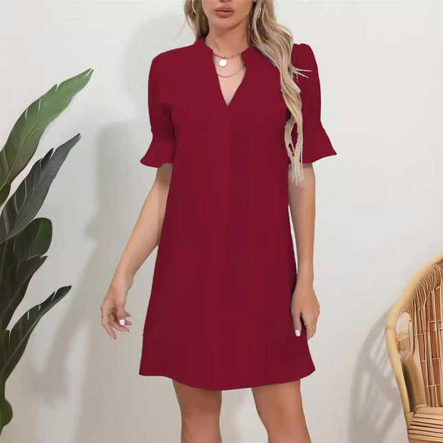 Shift Dress for Women V Neck Short Sleeves Solid Color Casual Flowy Summer Dresses