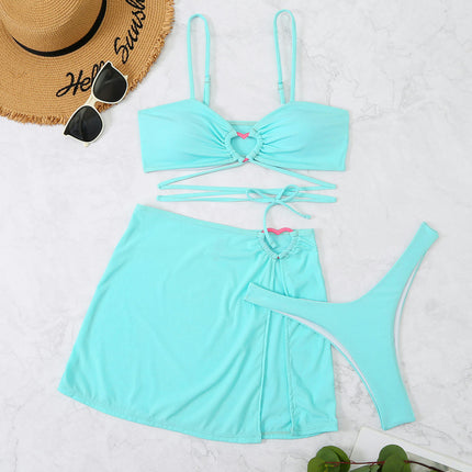 Women's 3 Pieces Bikini Sets with Cover Up Skirt Heart Ring Tie Back Swimsuits