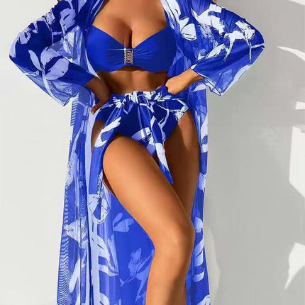 Women's Printed 3 Pieces High Waist Bikini Maxi Swimsuit Cover up