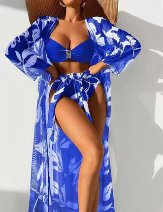 Women's Printed 3 Pieces High Waist Bikini Maxi Swimsuit Cover up