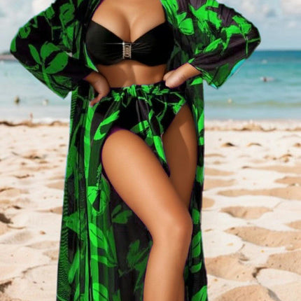 Women's Printed 3 Pieces High Waist Bikini Maxi Swimsuit Cover up