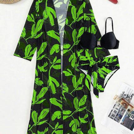 Women's Printed 3 Pieces High Waist Bikini Maxi Swimsuit Cover up