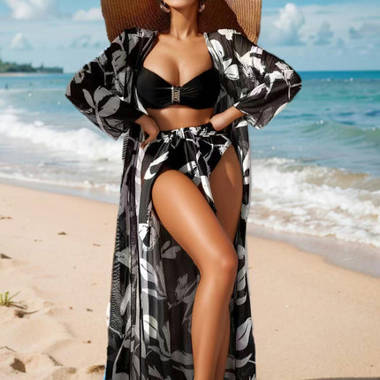 Women's Printed 3 Pieces High Waist Bikini Maxi Swimsuit Cover up