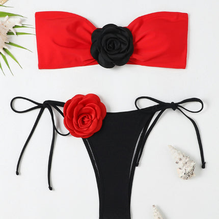 Womens Bandeau Bikini Sets Sexy Strapless Two Piece Swimsuit 3D Flower Bathing Suit