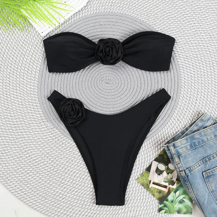 Womens 3D Flower Bandeau Bikini Sets Sexy Strapless Two Piece Swimsuit Bathing Suit