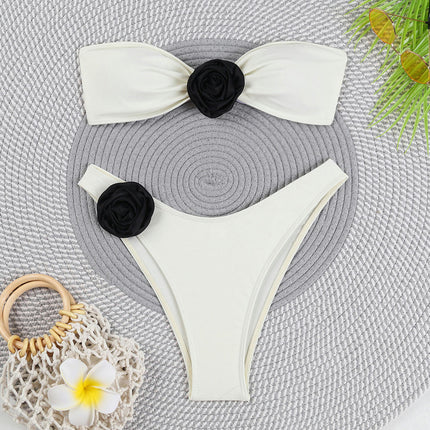 Womens 3D Flower Bandeau Bikini Sets Sexy Strapless Two Piece Swimsuit Bathing Suit