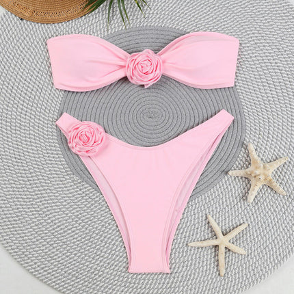 Womens 3D Flower Bandeau Bikini Sets Sexy Strapless Two Piece Swimsuit Bathing Suit