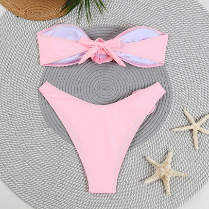 Womens 3D Flower Bandeau Bikini Sets Sexy Strapless Two Piece Swimsuit Bathing Suit