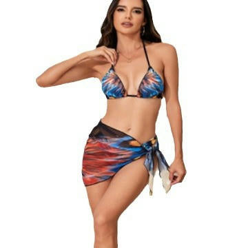 Women's 3 Piece Swimsuits Print Halter Triangle Bikini Bathing Suit with Cover Up Beach Skirt