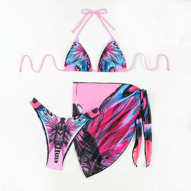 Women's 3 Piece Swimsuits Print Halter Triangle Bikini Bathing Suit with Cover Up Beach Skirt