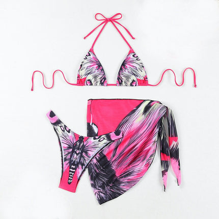 Women's 3 Piece Swimsuits Print Halter Triangle Bikini Bathing Suit with Cover Up Beach Skirt