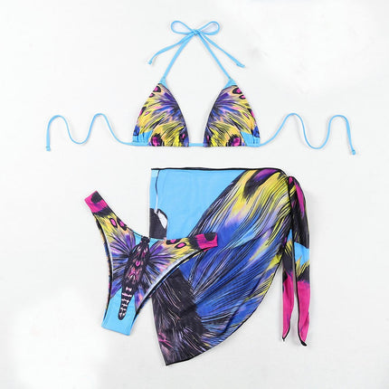 Women's 3 Piece Swimsuits Print Halter Triangle Bikini Bathing Suit with Cover Up Beach Skirt