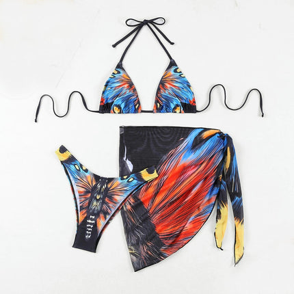 Women's 3 Piece Swimsuits Print Halter Triangle Bikini Bathing Suit with Cover Up Beach Skirt