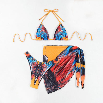 Women's 3 Piece Swimsuits Print Halter Triangle Bikini Bathing Suit with Cover Up Beach Skirt