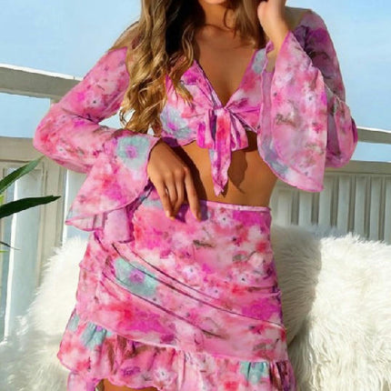 Womens 4 Piece Floral Swimsuit Tie Halter Bikini Set Bathing Suit with Beach Ruffled Skirt Coverup