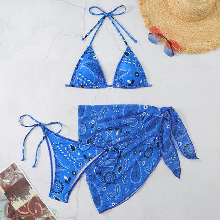 Women's 3 Piece Print Swimsuits Halter Triangle Tie Side Bikini Bathing Suit with Cover Up Skirt