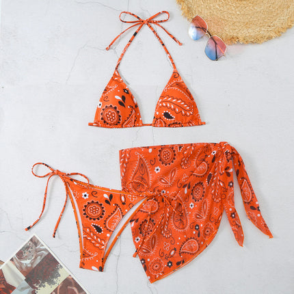 Women's 3 Piece Print Swimsuits Halter Triangle Tie Side Bikini Bathing Suit with Cover Up Skirt