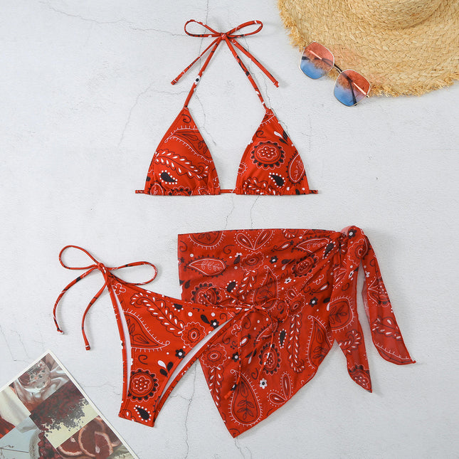 Women's 3 Piece Print Swimsuits Halter Triangle Tie Side Bikini Bathing Suit with Cover Up Skirt