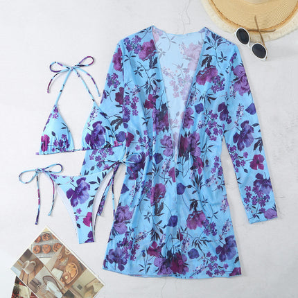 Women's 3 Piece Swimming Suit Floral Print Bikini Set with Cover Up Set Sarong Bathing Suit